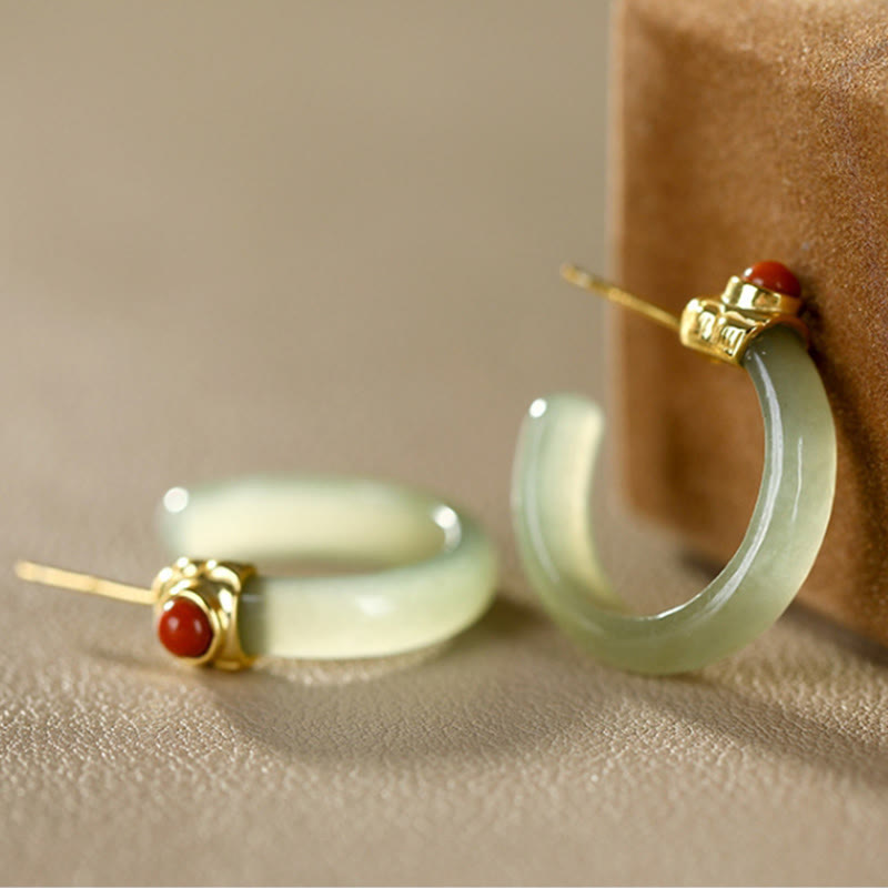 925 Sterling Silver Hetian Jade Prosperity Curved Earrings