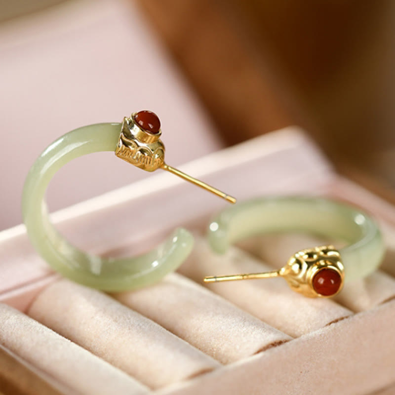 925 Sterling Silver Hetian Jade Prosperity Curved Earrings