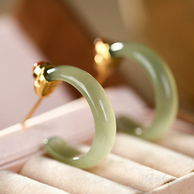 925 Sterling Silver Hetian Jade Prosperity Curved Earrings
