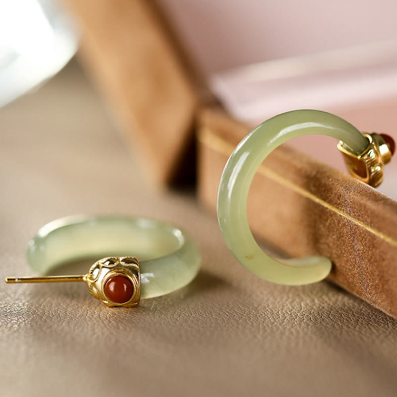925 Sterling Silver Hetian Jade Prosperity Curved Earrings