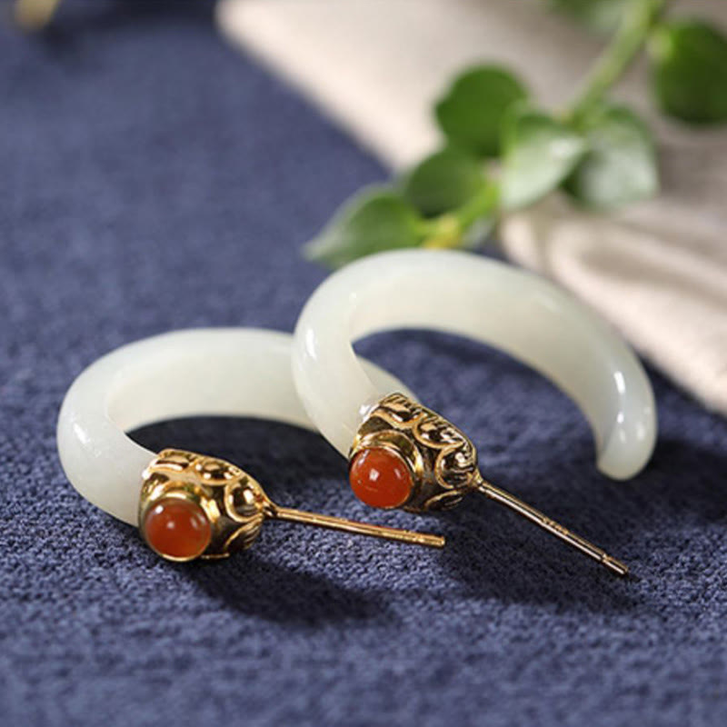 925 Sterling Silver Hetian Jade Prosperity Curved Earrings