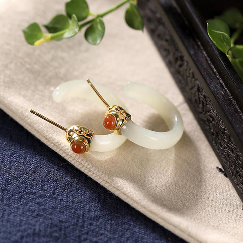 925 Sterling Silver Hetian Jade Prosperity Curved Earrings