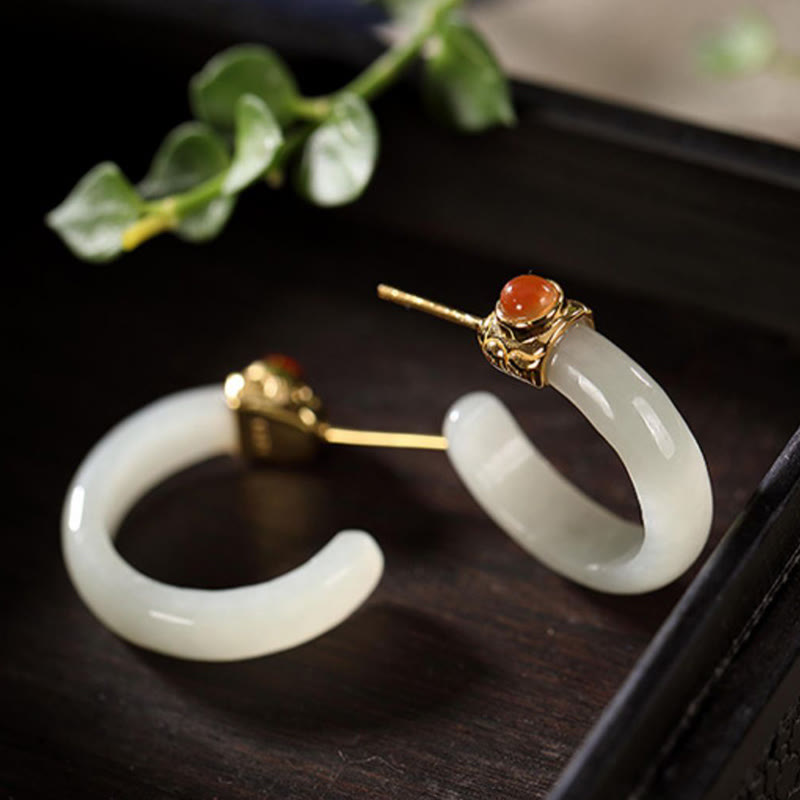 925 Sterling Silver Hetian Jade Prosperity Curved Earrings
