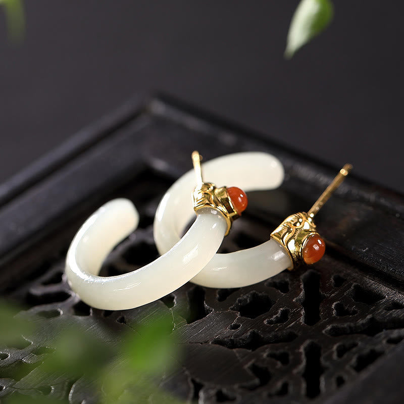 925 Sterling Silver Hetian Jade Prosperity Curved Earrings
