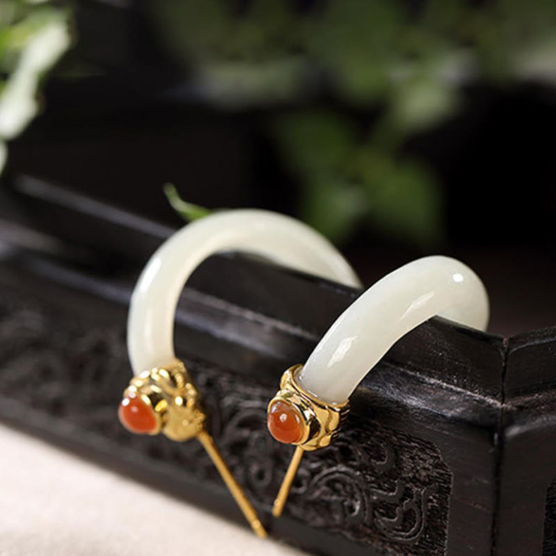 925 Sterling Silver Hetian Jade Prosperity Curved Earrings