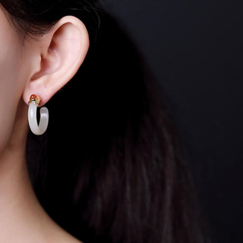 925 Sterling Silver Hetian Jade Prosperity Curved Earrings