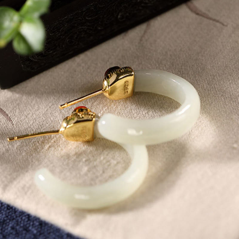 925 Sterling Silver Hetian Jade Prosperity Curved Earrings