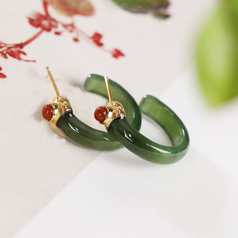 925 Sterling Silver Hetian Jade Prosperity Curved Earrings