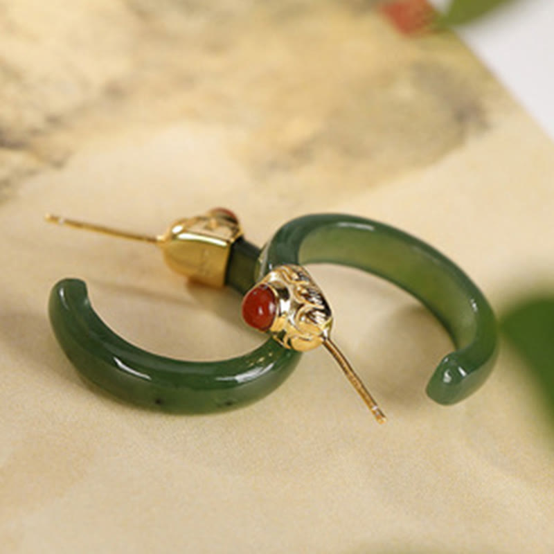 925 Sterling Silver Hetian Jade Prosperity Curved Earrings