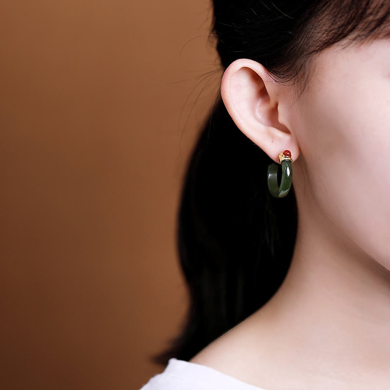 925 Sterling Silver Hetian Jade Prosperity Curved Earrings