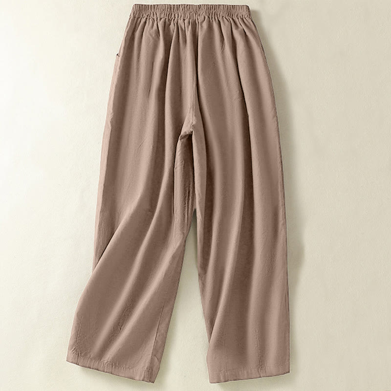 Vintage Summer Casual Embroidery Paisley Pattern Women's Cotton Linen Harem Pants With Pockets