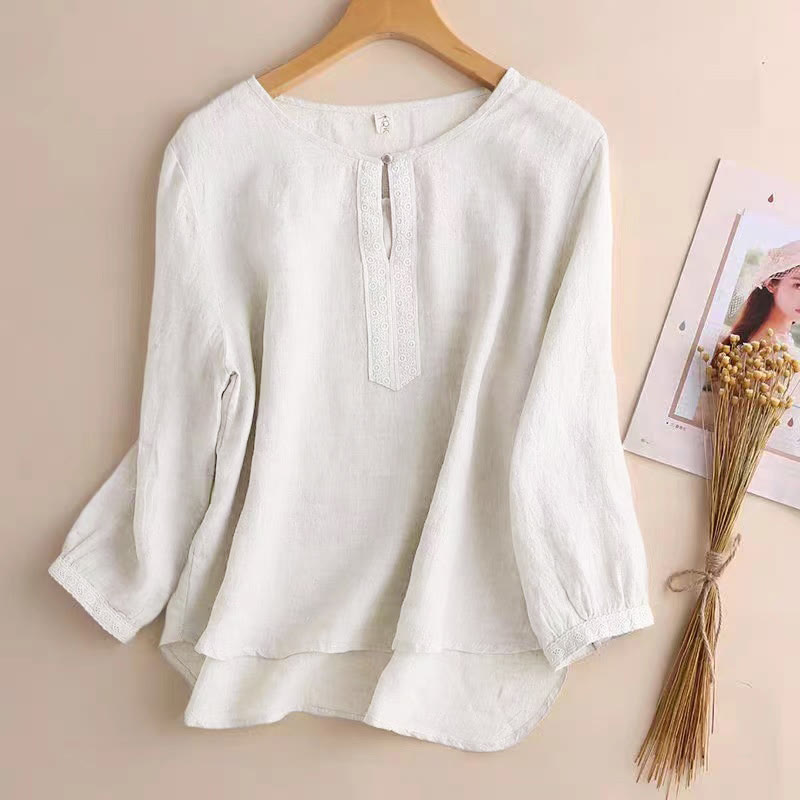 Casual Plain Women's Hollow Crew Neck Design Three Quarter Sleeve Shirt