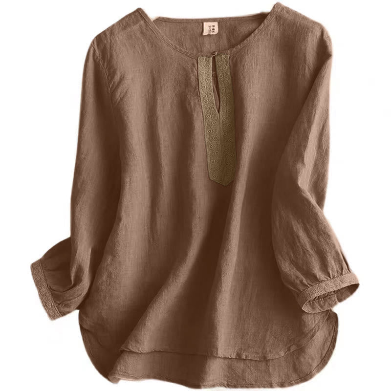 Casual Plain Women's Hollow Crew Neck Design Three Quarter Sleeve Shirt