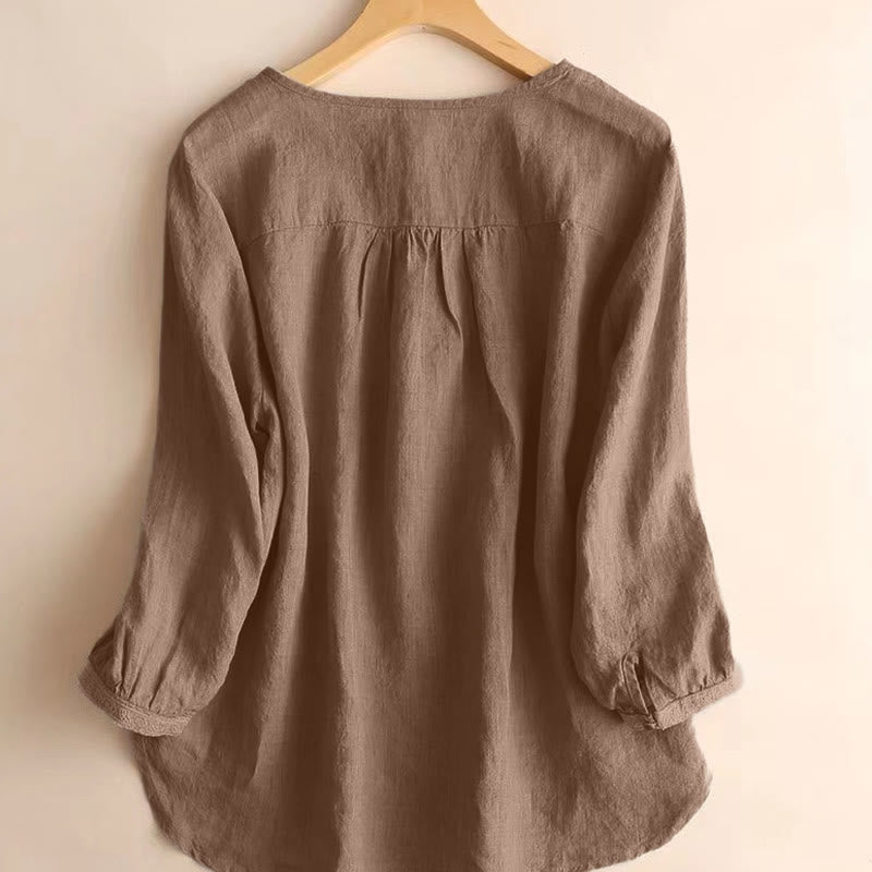 Casual Plain Women's Hollow Crew Neck Design Three Quarter Sleeve Shirt