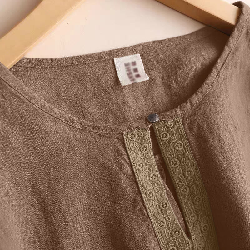 Casual Plain Women's Hollow Crew Neck Design Three Quarter Sleeve Shirt