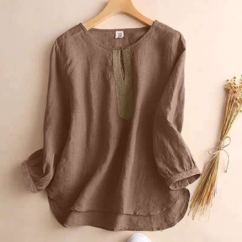 Casual Plain Women's Hollow Crew Neck Design Three Quarter Sleeve Shirt