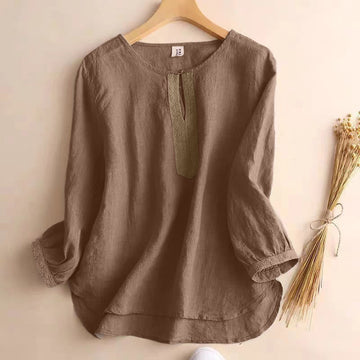 Casual Plain Women's Hollow Crew Neck Design Three Quarter Sleeve Shirt