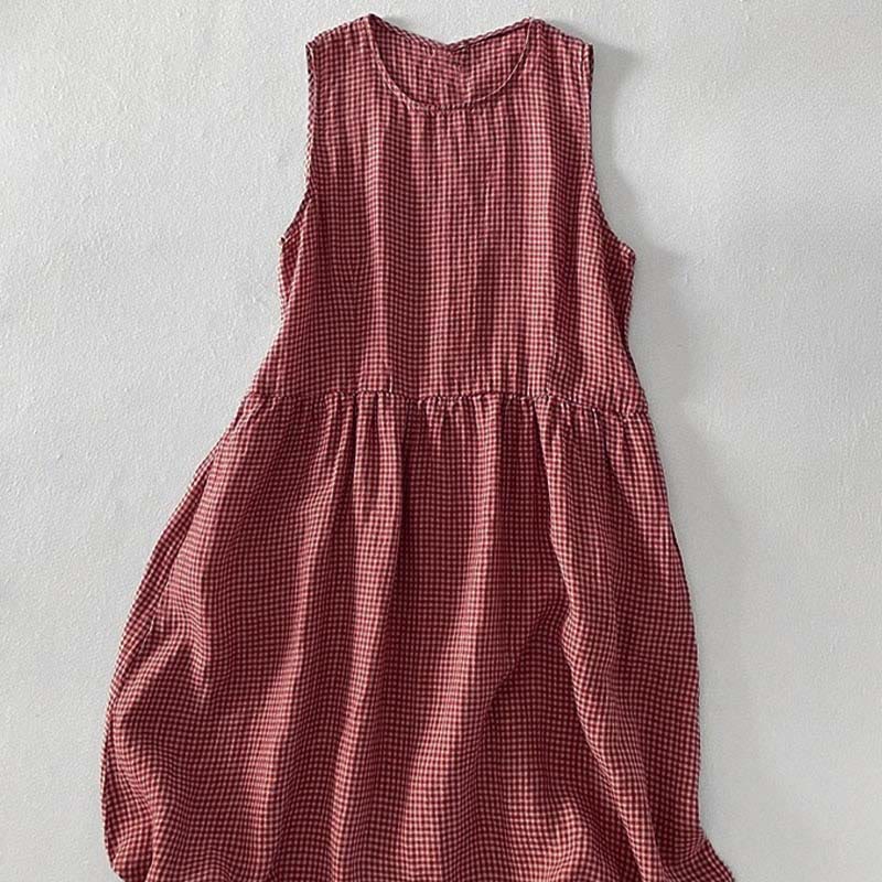 Casual Plain Handmade Plaid Midi Dress Cotton Sleeveless Dress With Pockets