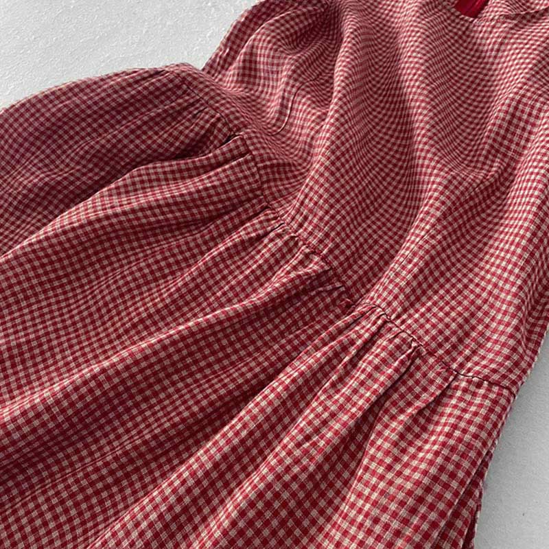 Casual Plain Handmade Plaid Midi Dress Cotton Sleeveless Dress With Pockets
