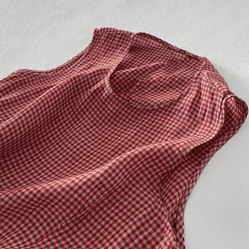 Casual Plain Handmade Plaid Midi Dress Cotton Sleeveless Dress With Pockets