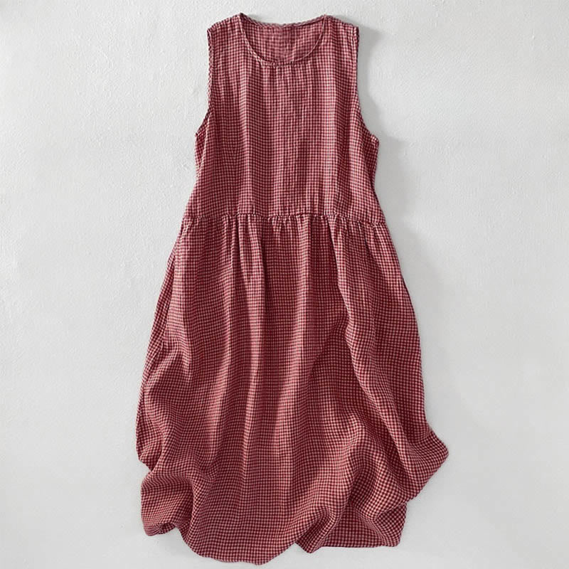 Casual Plain Handmade Plaid Midi Dress Cotton Sleeveless Dress With Pockets