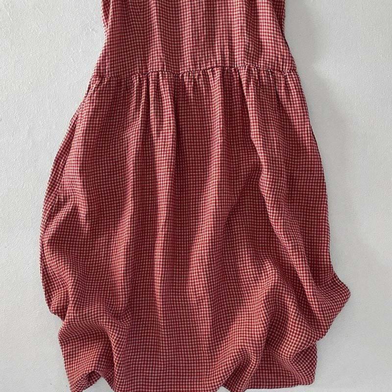 Casual Plain Handmade Plaid Midi Dress Cotton Sleeveless Dress With Pockets