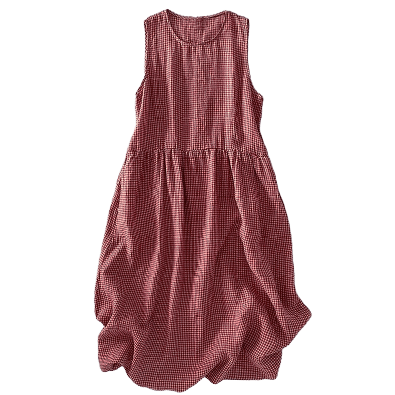 Casual Plain Handmade Plaid Midi Dress Cotton Sleeveless Dress With Pockets