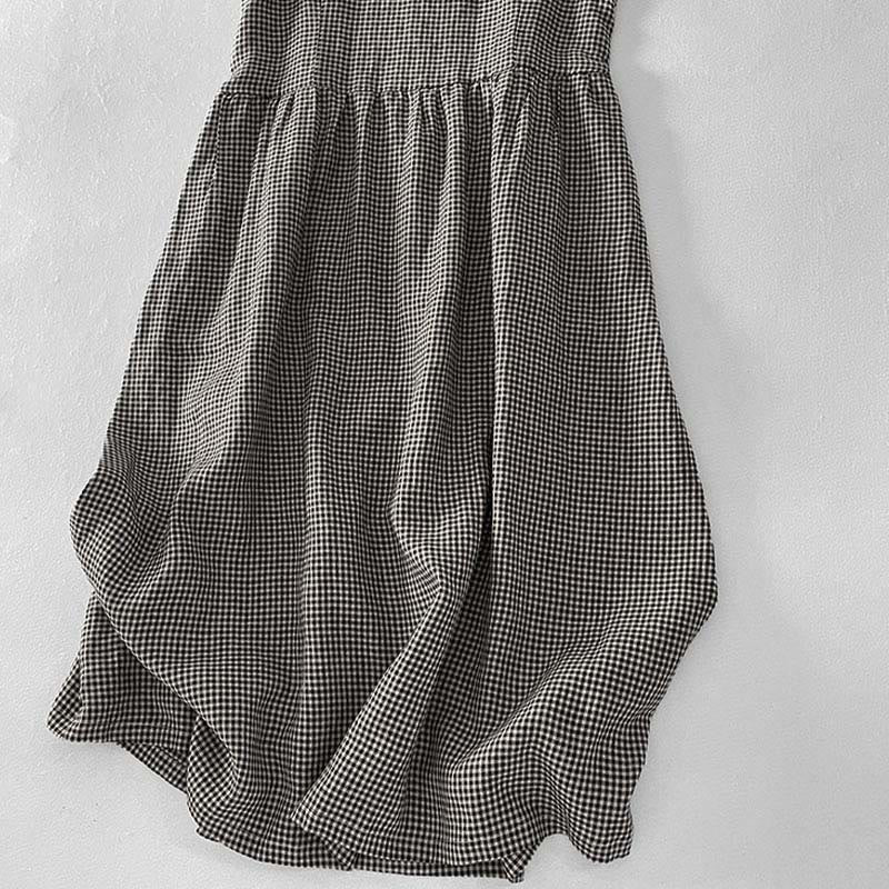 Casual Plain Handmade Plaid Midi Dress Cotton Sleeveless Dress With Pockets