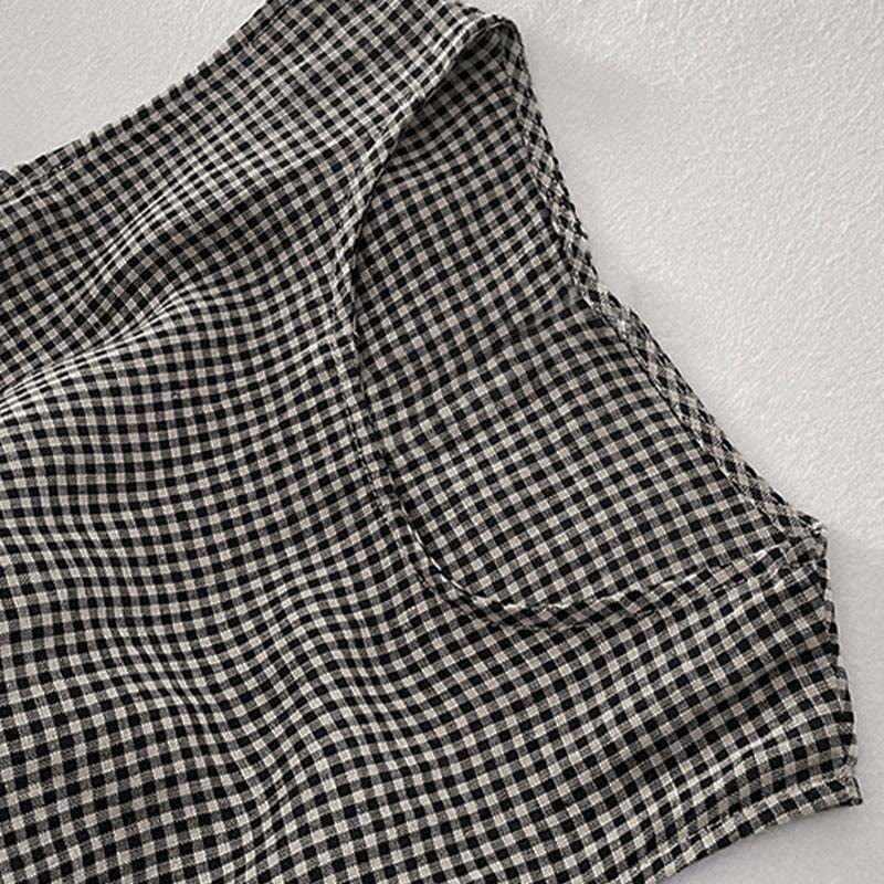 Casual Plain Handmade Plaid Midi Dress Cotton Sleeveless Dress With Pockets