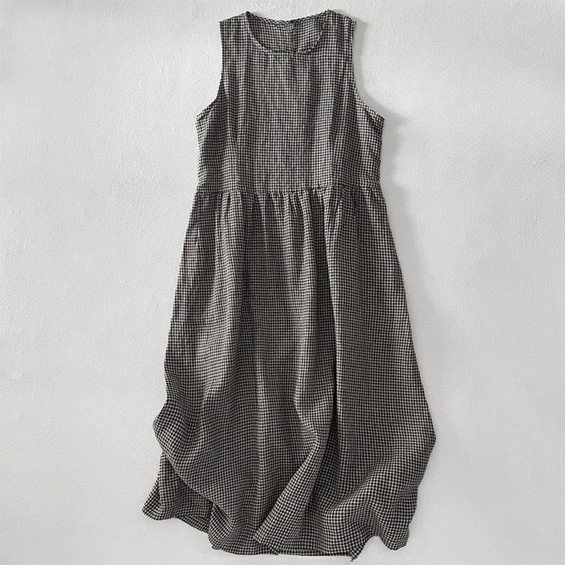 Casual Plain Handmade Plaid Midi Dress Cotton Sleeveless Dress With Pockets