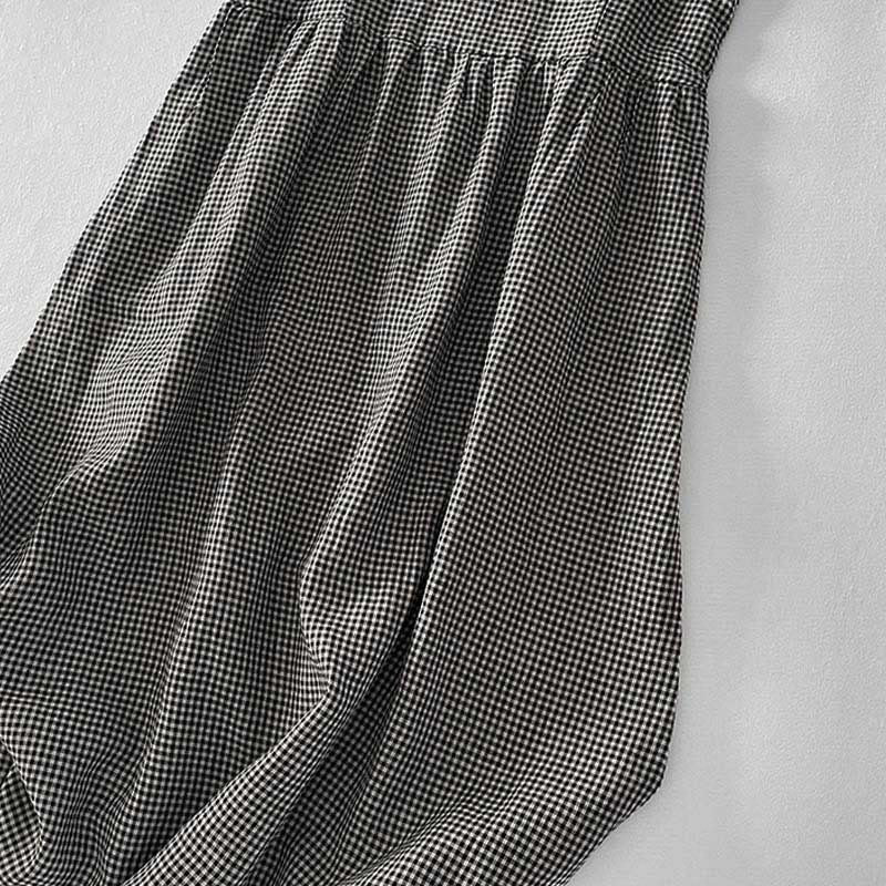Casual Plain Handmade Plaid Midi Dress Cotton Sleeveless Dress With Pockets
