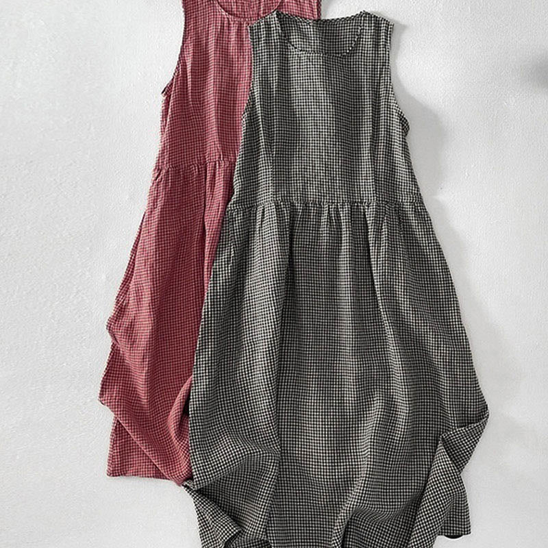 Casual Plain Handmade Plaid Midi Dress Cotton Sleeveless Dress With Pockets