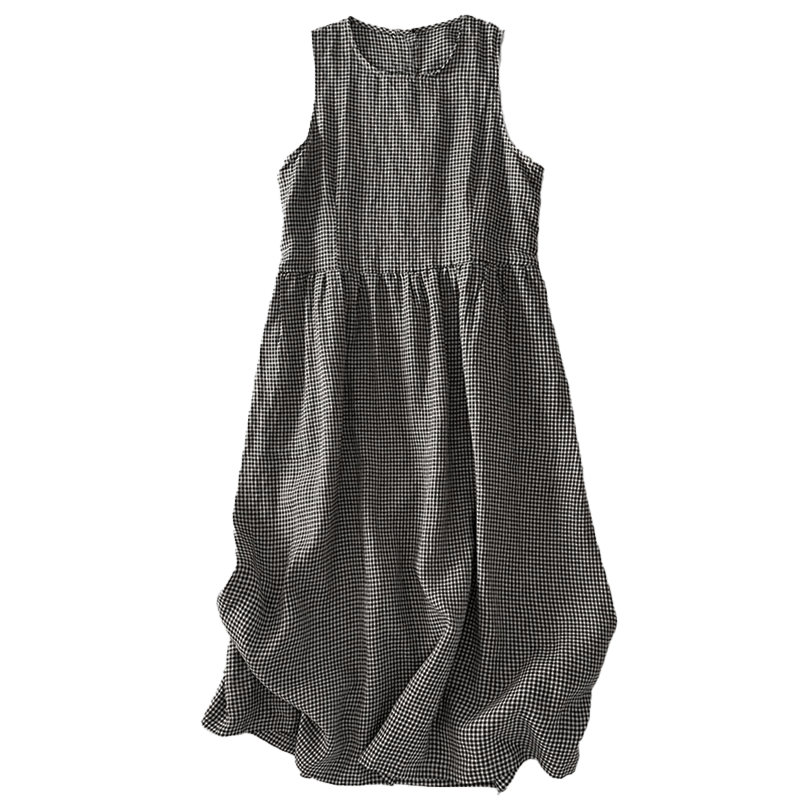 Casual Plain Handmade Plaid Midi Dress Cotton Sleeveless Dress With Pockets