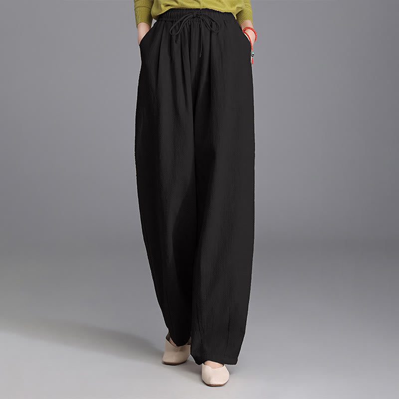 Women's Casual Vintage Plain Drawstring Carrot Design Cotton Linen Pants With Pockets