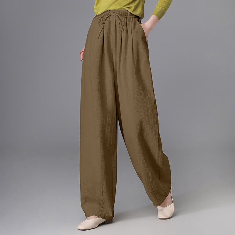 Women's Casual Vintage Plain Drawstring Carrot Design Cotton Linen Pants With Pockets