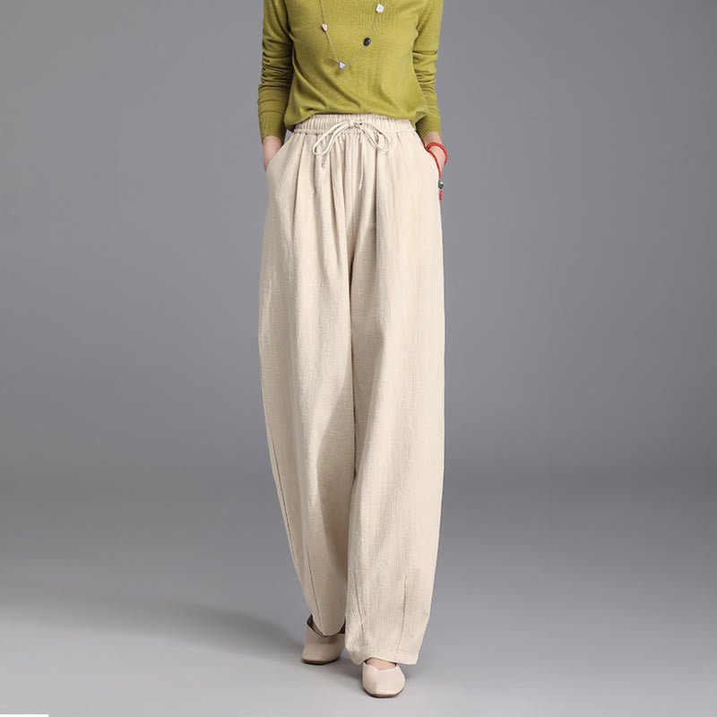 Women's Casual Vintage Plain Drawstring Carrot Design Cotton Linen Pants With Pockets