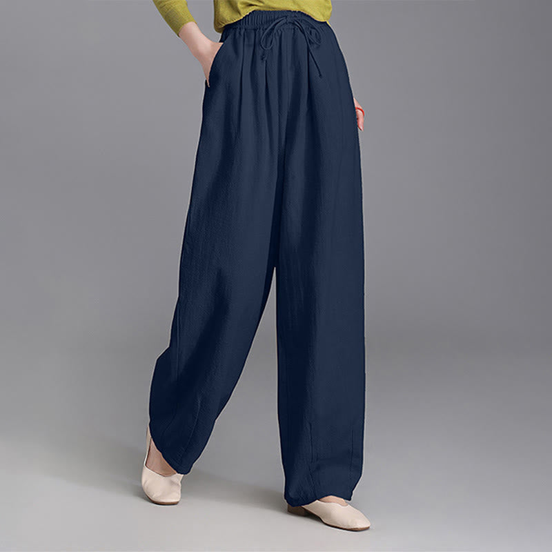 Women's Casual Vintage Plain Drawstring Carrot Design Cotton Linen Pants With Pockets