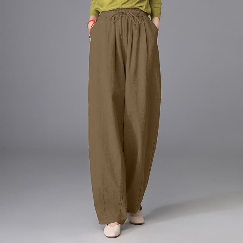 Women's Casual Vintage Plain Drawstring Carrot Design Cotton Linen Pants With Pockets