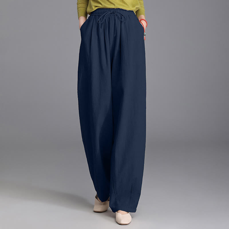 Women's Casual Vintage Plain Drawstring Carrot Design Cotton Linen Pants With Pockets