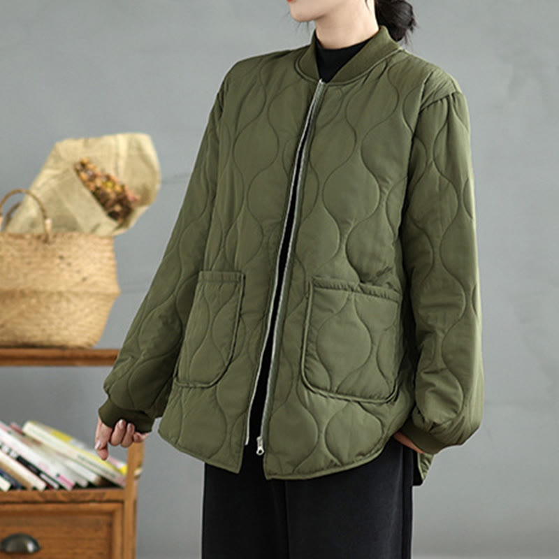 Women's Plain Zipper Design Cotton Long Sleeve Jacket With Pockets