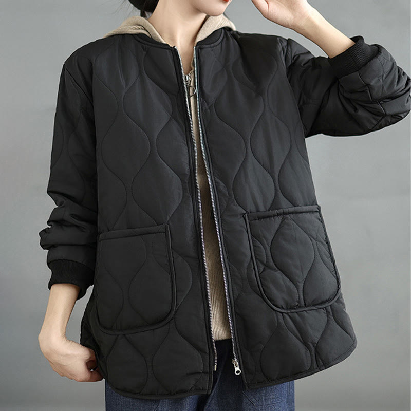 Women's Plain Zipper Design Cotton Long Sleeve Jacket With Pockets