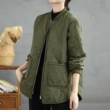 Women's Plain Zipper Design Cotton Long Sleeve Jacket With Pockets