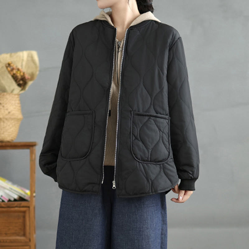 Women's Plain Zipper Design Cotton Long Sleeve Jacket With Pockets