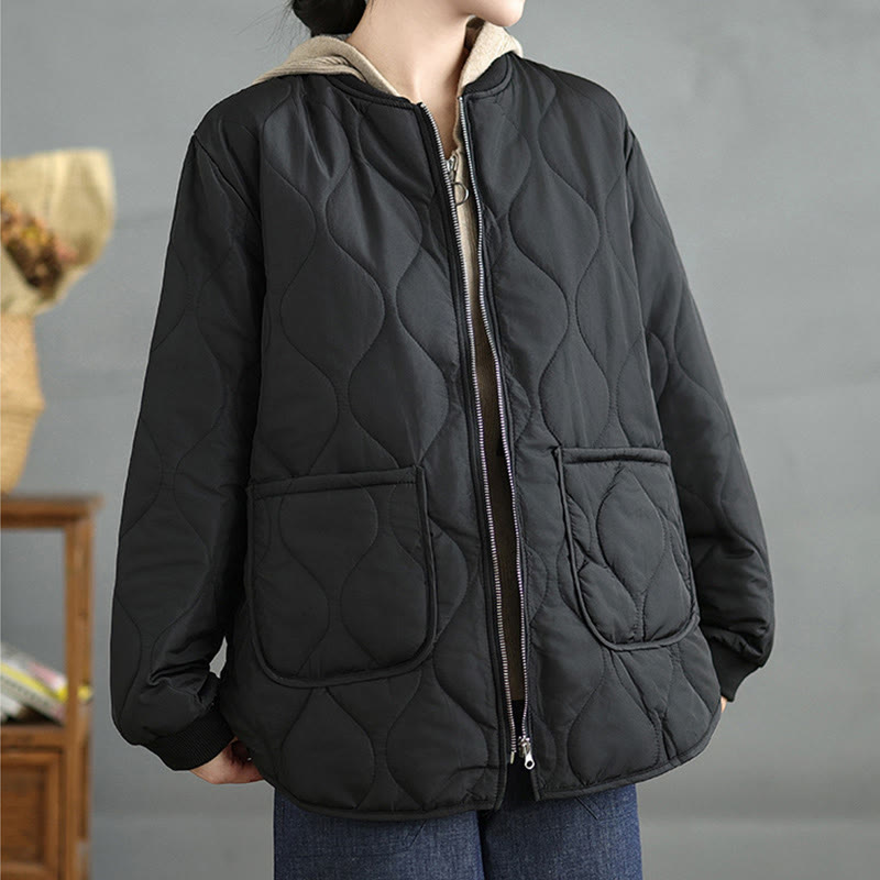 Women's Plain Zipper Design Cotton Long Sleeve Jacket With Pockets