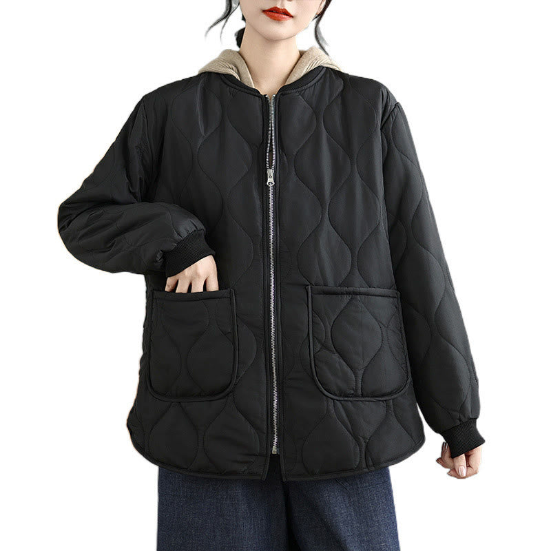 Women's Plain Zipper Design Cotton Long Sleeve Jacket With Pockets