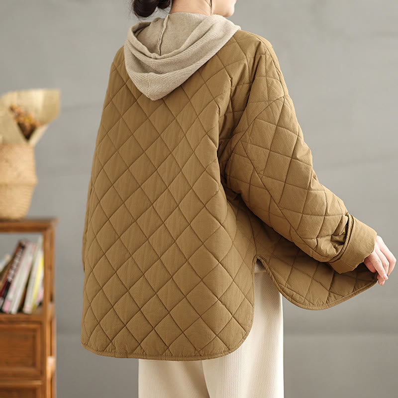 Women's Buttons Design Cotton Thermal Diamond-quilted Long Sleeve Jacket With Pockets