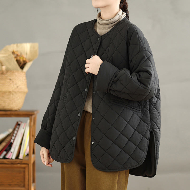 Women's Buttons Design Cotton Thermal Diamond-quilted Long Sleeve Jacket With Pockets