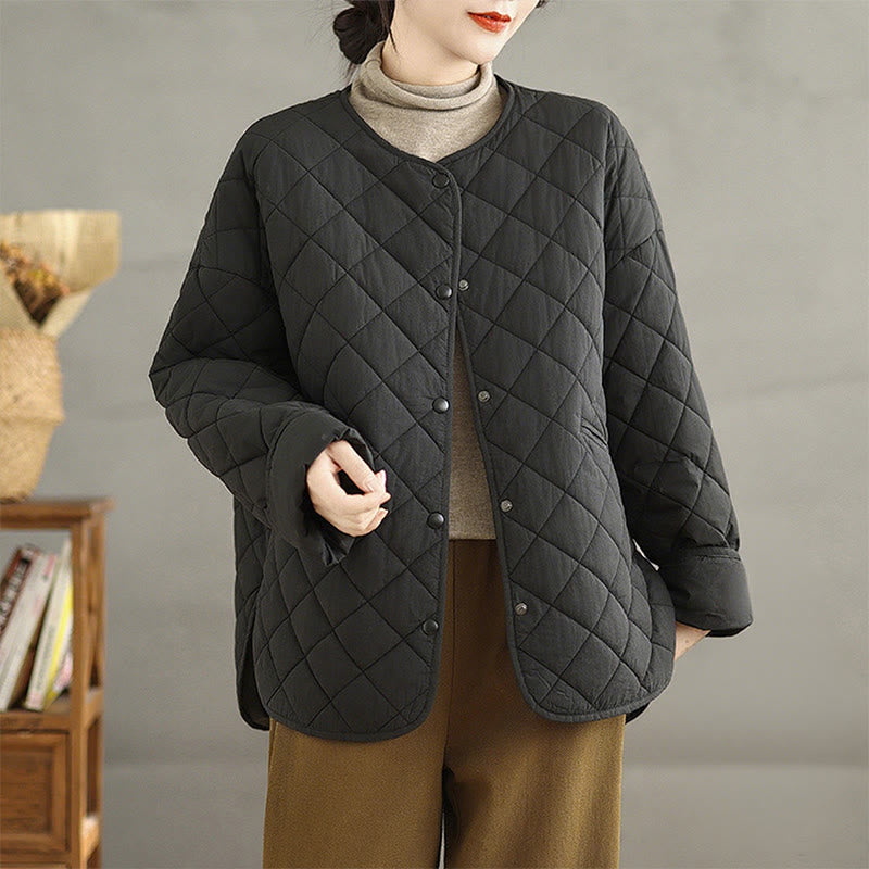 Women's Buttons Design Cotton Thermal Diamond-quilted Long Sleeve Jacket With Pockets