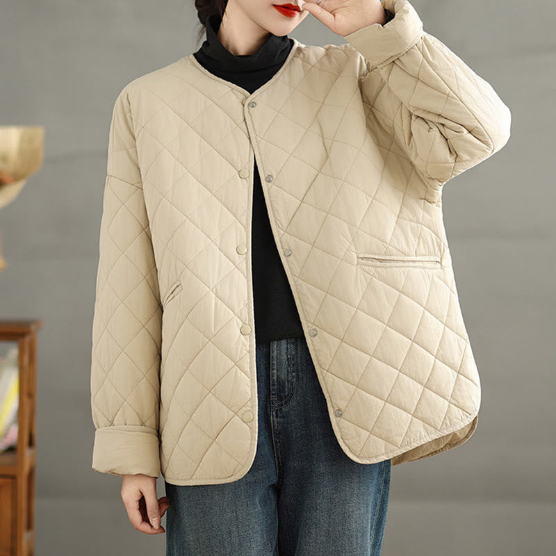 Women's Buttons Design Cotton Thermal Diamond-quilted Long Sleeve Jacket With Pockets