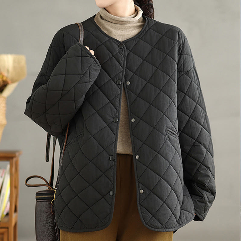 Women's Buttons Design Cotton Thermal Diamond-quilted Long Sleeve Jacket With Pockets